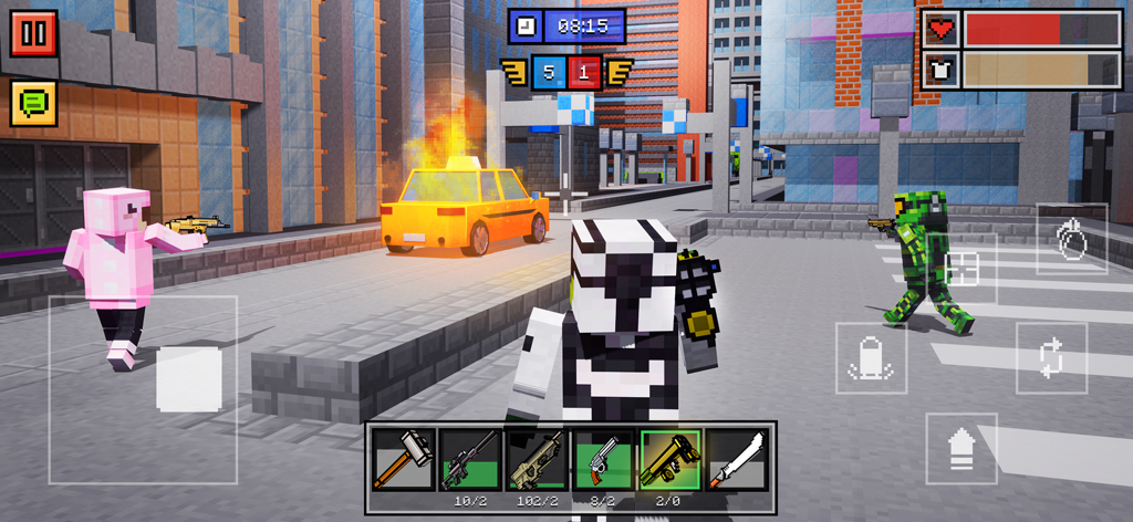 Gameplay of Block Guns 3D online shooter featuring pixel characters and a burning taxi in a city street.