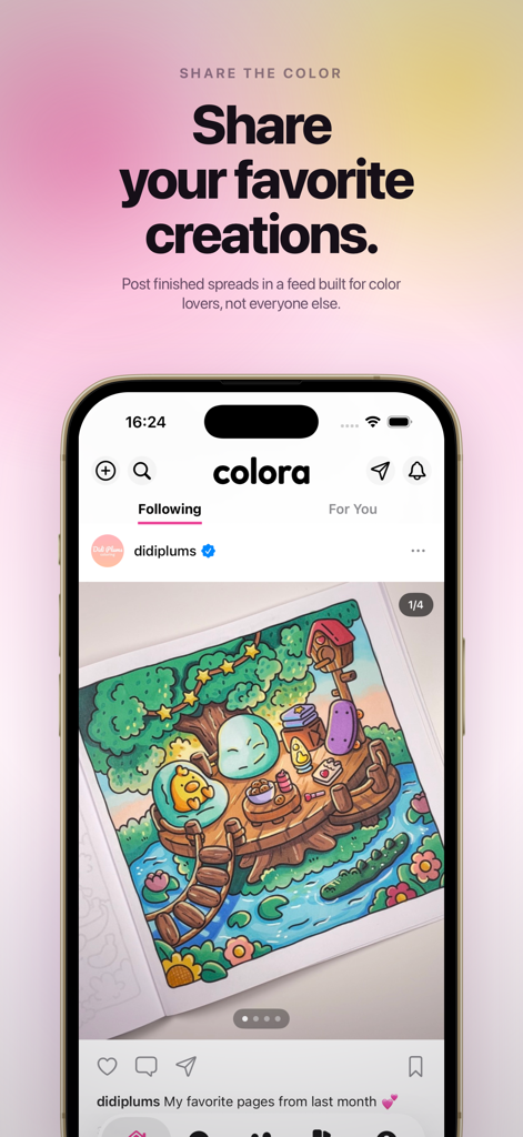 A screenshot of the Colora app interface showing a social feed with a colorful shared coloring page and community interactions