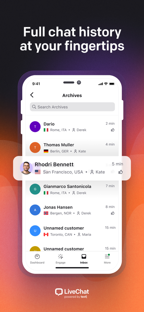 LiveChat app screen showing a list of archived customer chat histories with user names and locations.