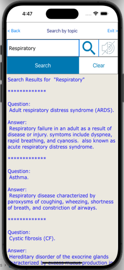 Resultados de búsqueda de temas respiratorios en la aplicación de examen RRT que muestran definiciones de SDRA y asma.