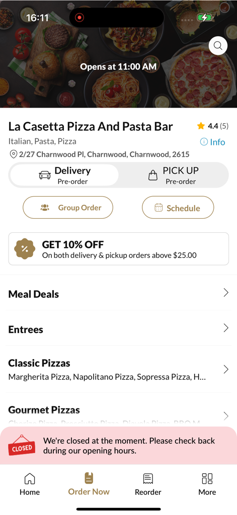 La Casetta Pizza And Pasta Bar - La Casetta Pizza and Pasta Bar mobile app menu screen featuring delivery and pickup options