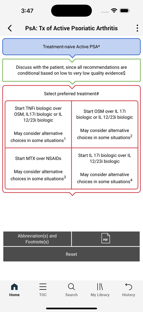 Guidelines And Criteria - Clinical treatment algorithm for active psoriatic arthritis shown in the ACR Guidelines app