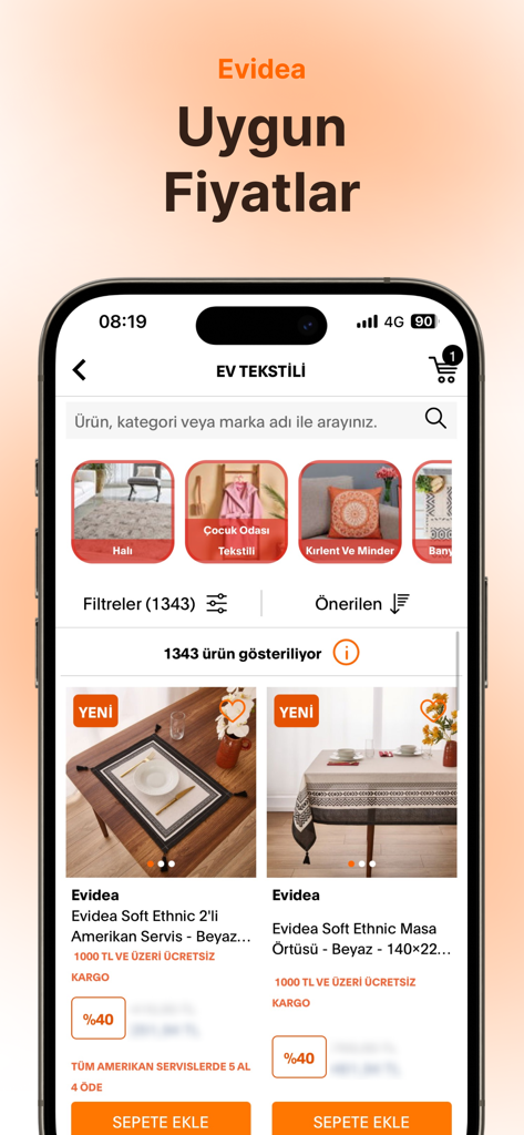 Evidea - Capture d'écran de l'application mobile Evidea affichant des produits et catégories de textiles de maison