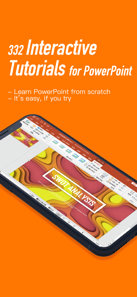 office interactive tutorials - A smartphone displaying an interactive PowerPoint tutorial for creating a SWOT analysis slide.