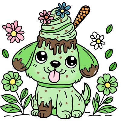 dog with ice cream on his head and flowers