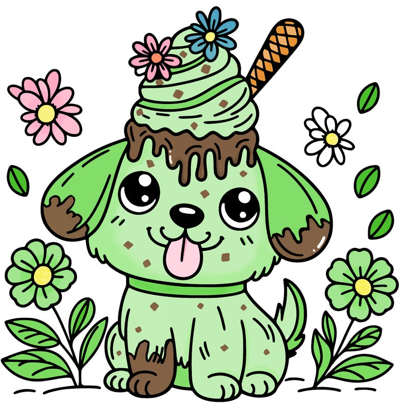 dog with ice cream on his head and flowers