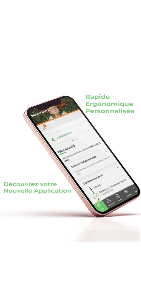 A smartphone showing the dashboard of the Generation health insurance app with sections for reimbursements and requests.