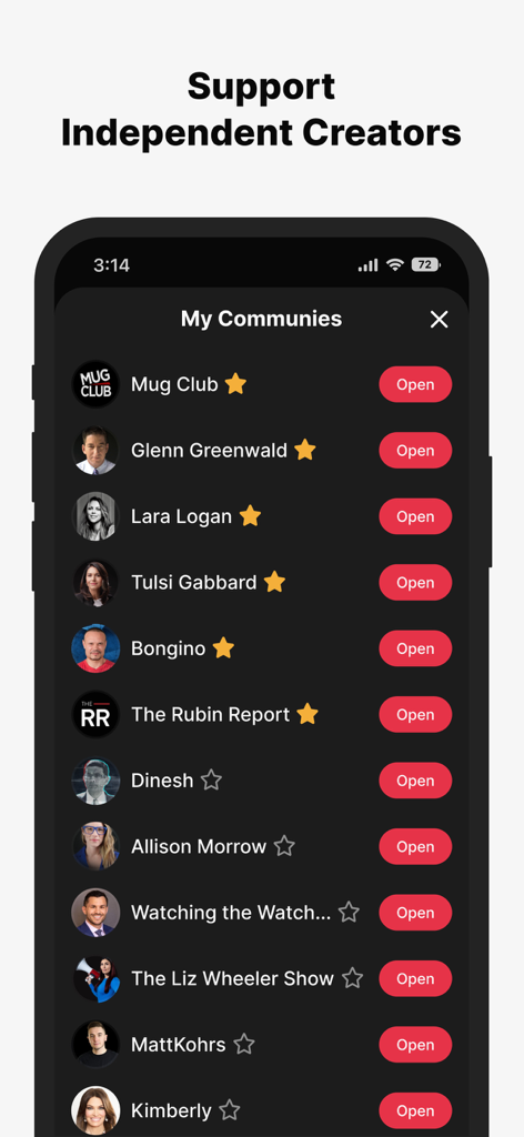 Interface do aplicativo Locals exibindo uma lista de comunidades de criadores independentes seguidas na seção Minhas Comunidades.