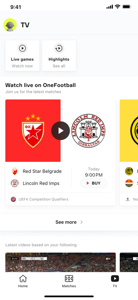 OneFootball app interface for watching live soccer matches and highlights.