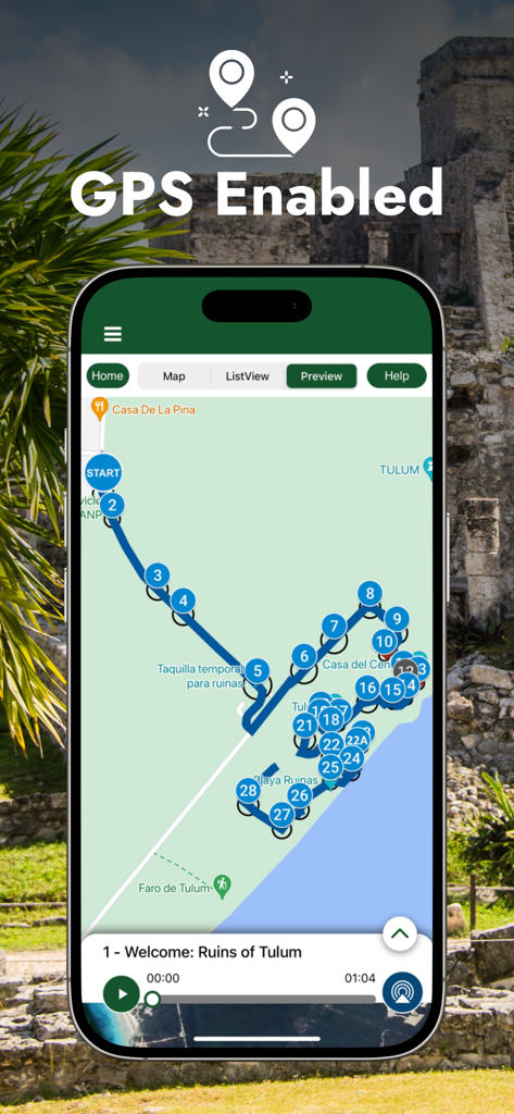 Smartphone screen showing the GPS-enabled map and tour route pins for the Tulum Ruins audio guide