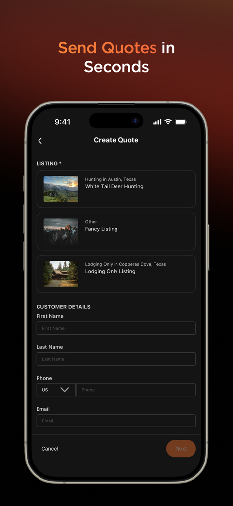 Mallard Bay For Guides app screen for creating and sending customer quotes for hunting and lodging trips