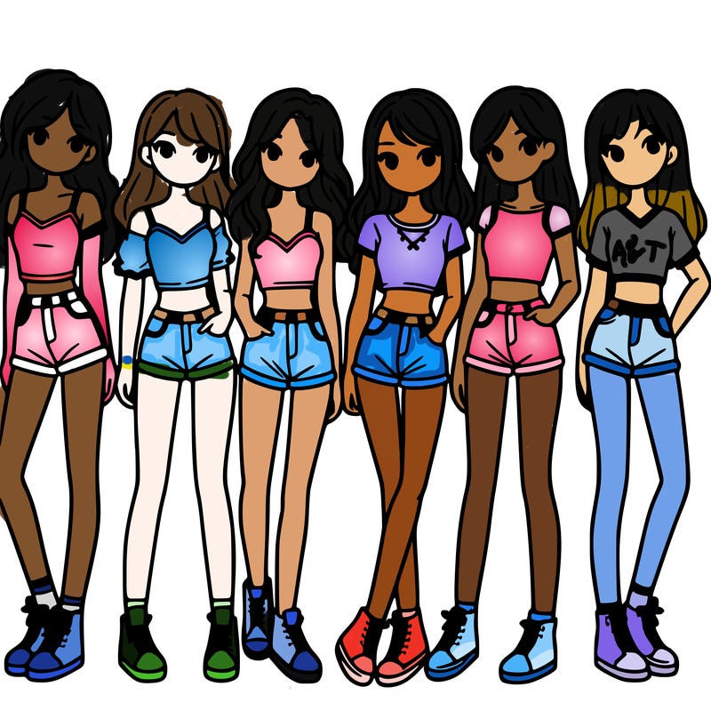 a group of girls wearing crop tops and shorts
