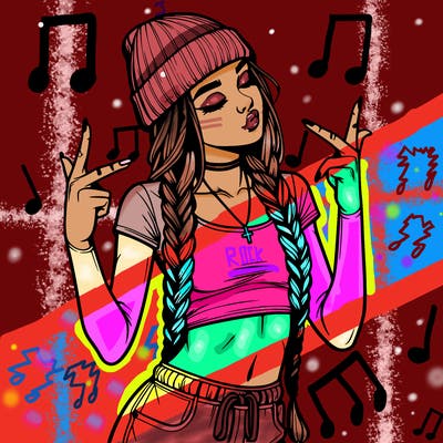 realistic teenage girl with braids and a beanie and crop top doing 🫶🏼