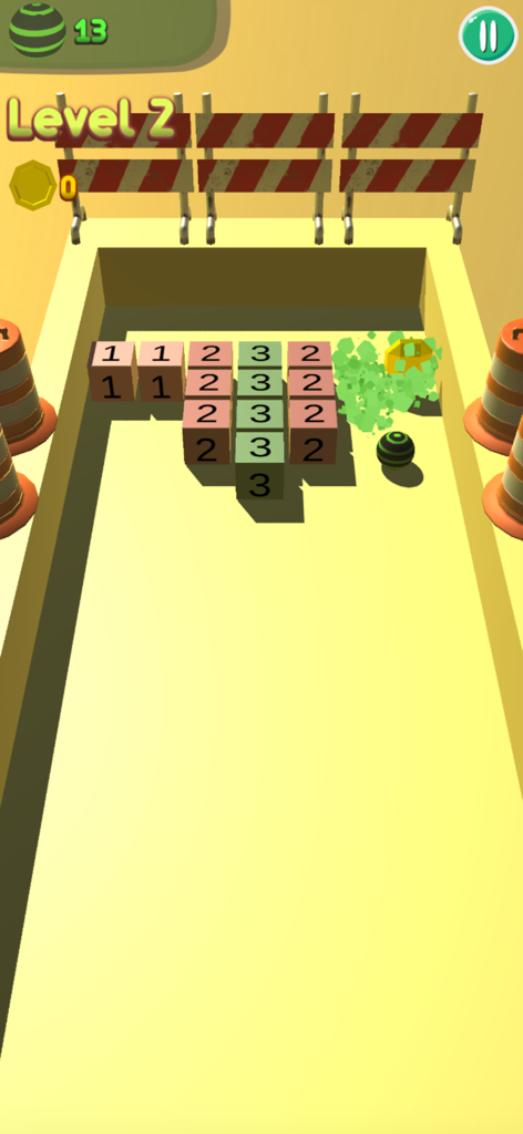 Bricks 3D Breaker - Gameplay of Bricks 3D Breaker showing a ball hitting numbered 3D blocks in a construction themed level