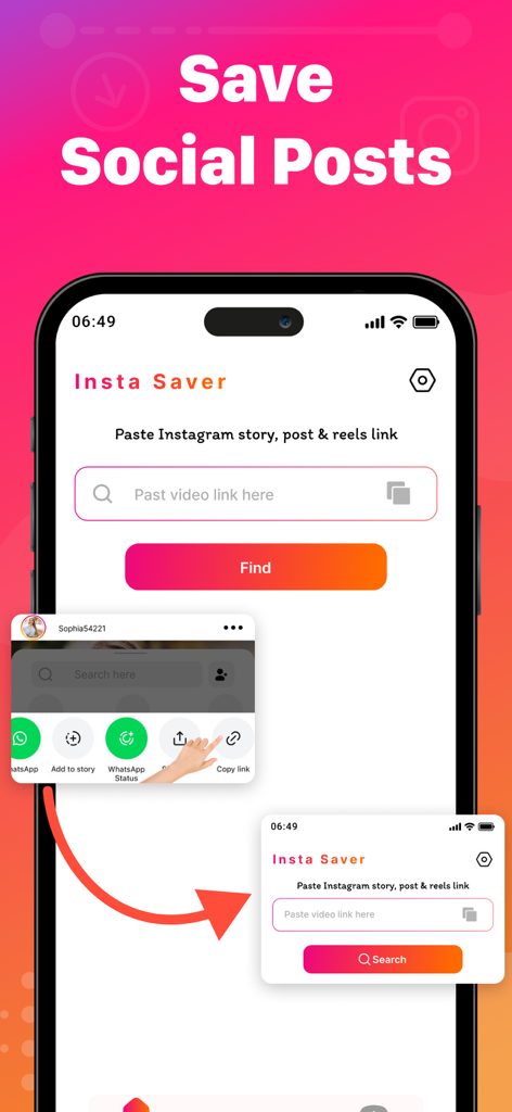 Interface mobile montrant le processus d'enregistrement de publications sur les médias sociaux à l'aide d'un lien vidéo.
