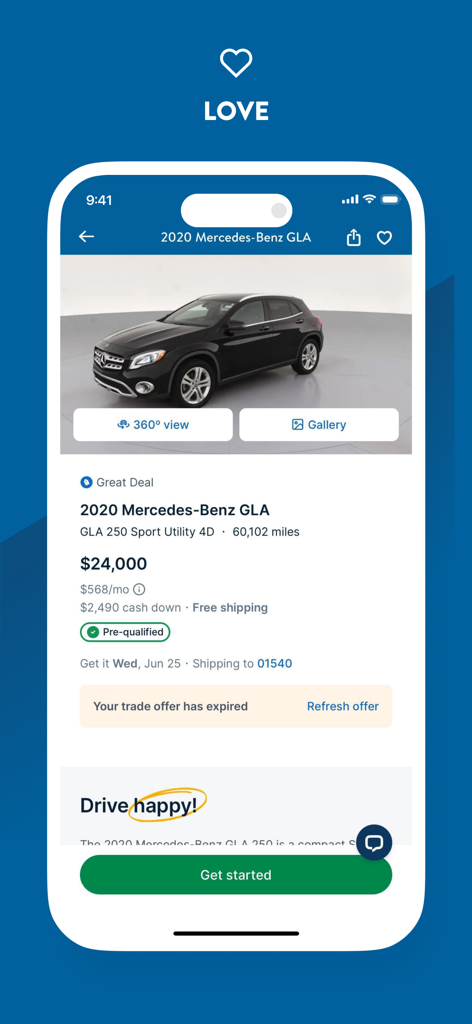 Carvana mobile app interface displaying a used Mercedes Benz GLA listing with pricing and financing details