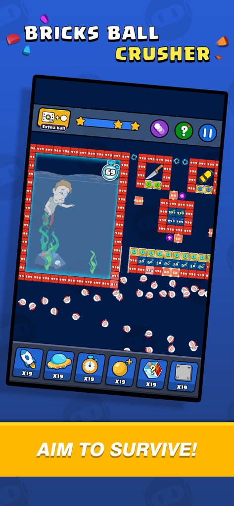 Bricks Ball Crusher - Bricks Ball Crusher mobile game screenshot showing rescue mode where the player shoots balls to break bricks and save a character