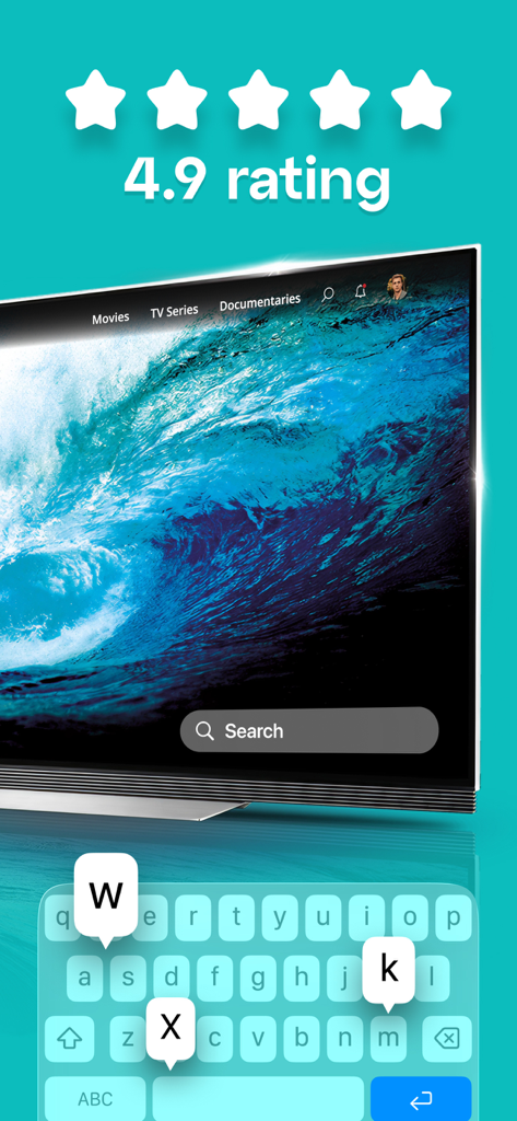 Remote for Hisense TV. - Keyboard input for Hisense TV remote app showing a high user rating and search functionality