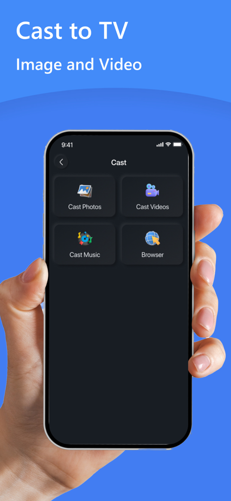 Écran de smartphone montrant les options de diffusion de photos, vidéos et musique vers une Smart TV