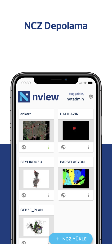 Nview - Mobile interface of Nview app displaying a list of NCZ engineering projects and map files