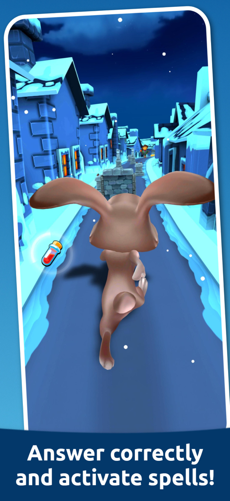 Math Games: Toon Math - A rabbit character runs through a snowy village in Toon Math gameplay