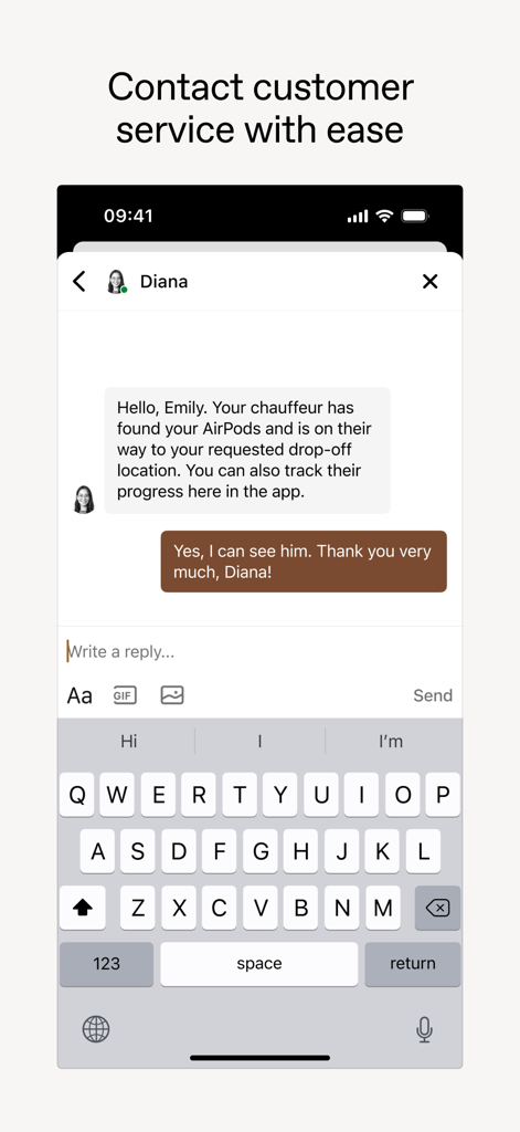 In-app chat interface showing Wheely customer support assisting a passenger