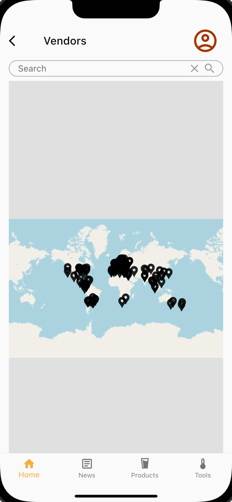 Fermentis - Carte du monde avec des épingles noires indiquant les emplacements mondiaux des fournisseurs dans l'application Fermentis