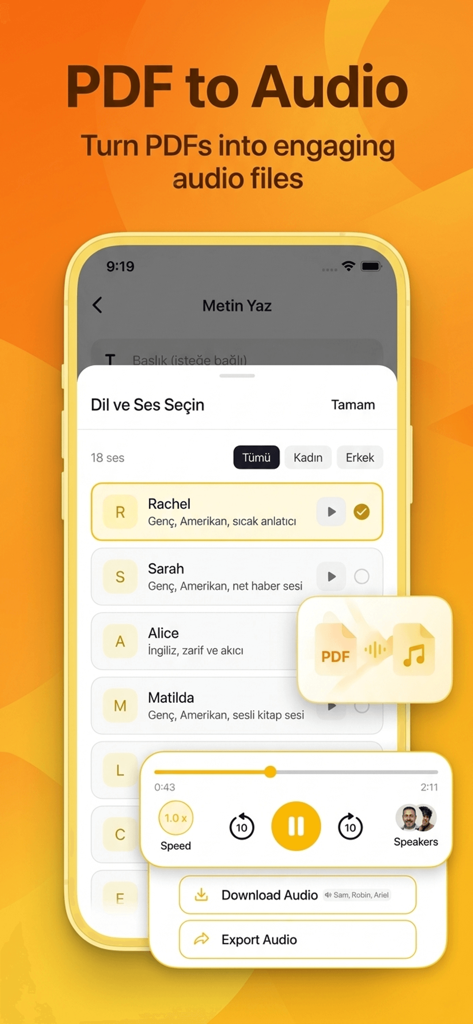 Text to Speech: Speech AI - Captura de pantalla de la función de conversión de PDF a audio que muestra la selección de voz IA y los controles de reproducción