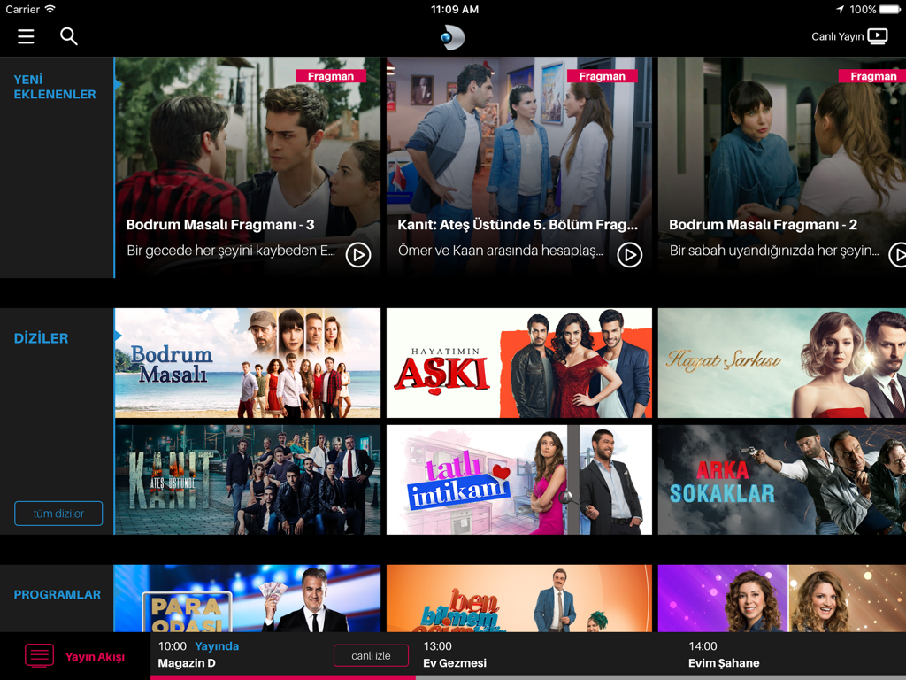 Pantalla de inicio de la aplicación Kanal D para iPad que muestra programas de televisión y dramas turcos