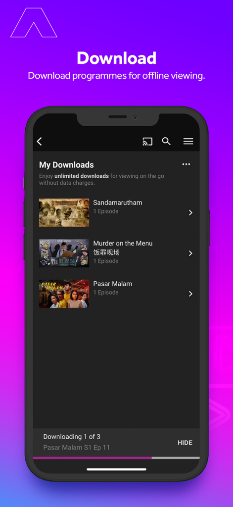 Pantalla de la aplicación mewatch que muestra dramas y películas asiáticas descargadas para ver sin conexión