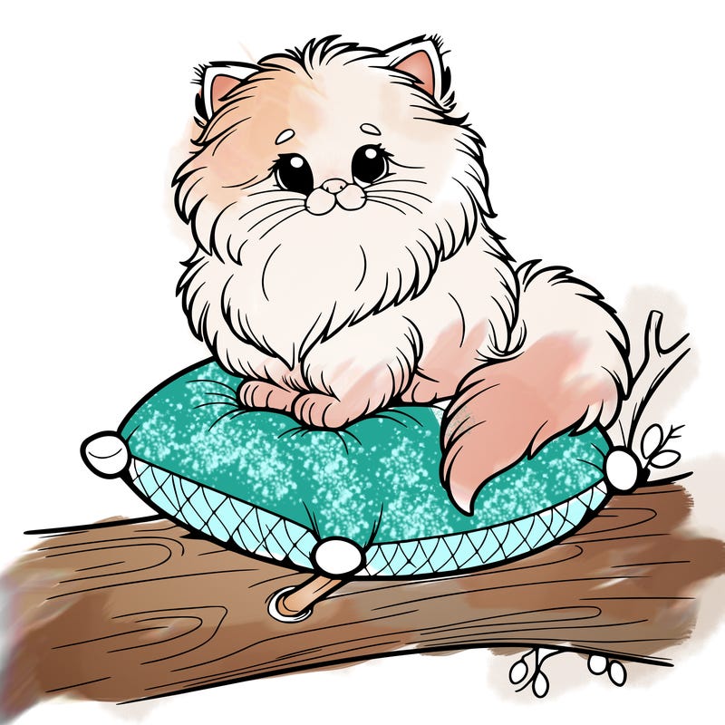 a fluffy cat sitting on a pillow in a tree