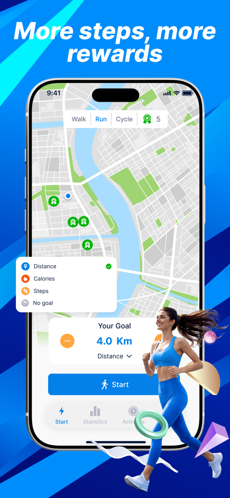 MoveTrack: Walk Run Cycle - MoveTrackアプリのインターフェース。報酬ポイント、ランニング中の女性、ワークアウト目標設定が表示された都市地図を表示しています。
