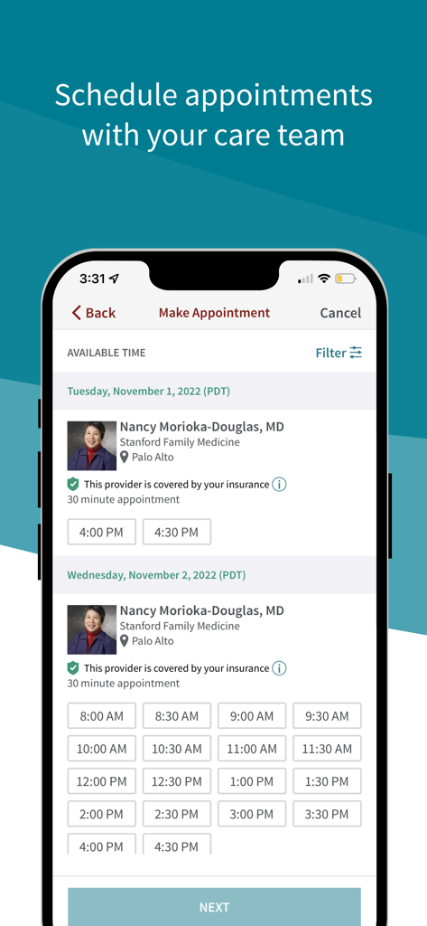 Stanford Health Care MyHealth - Interface of the Stanford MyHealth app showing available appointment times for a doctor in Palo Alto