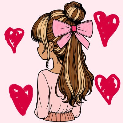 realistic girl  with hip length hair a bun and a big bow on the back of head