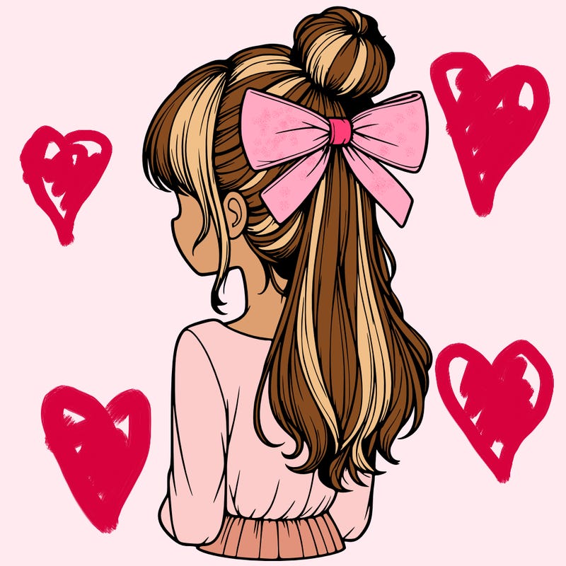 realistic girl  with hip length hair a bun and a big bow on the back of head