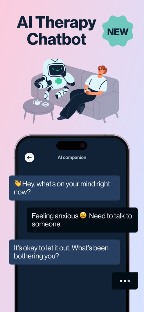 Anxiety Relief: Calmer - Interfaz del Chatbot de Terapia de IA en la aplicación Calmer que muestra una conversación para el alivio de la ansiedad.