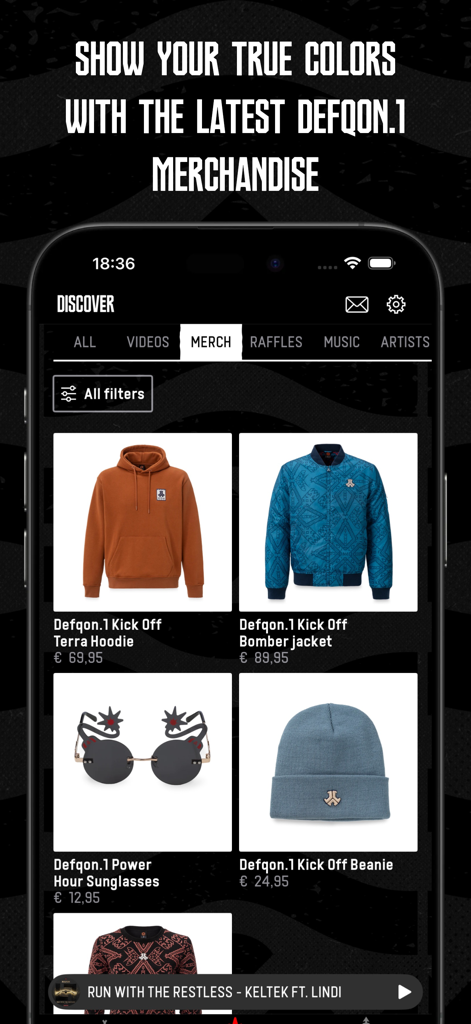 Defqon.1 - Defqon.1 app merchandise store screen displaying festival clothing and accessories