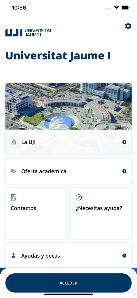 Tela inicial do aplicativo móvel UJI Universitat Jaume I apresentando uma foto aérea do campus e o menu de serviços da universidade.