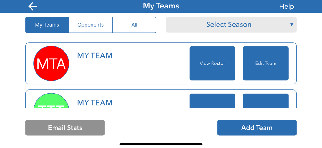 Benutzeroberfläche der iTrackHockey App, die das Dashboard 'Meine Teams' mit Optionen zum Anzeigen von Kadern, Bearbeiten von Teams und Versenden von Statistiken per E-Mail zeigt