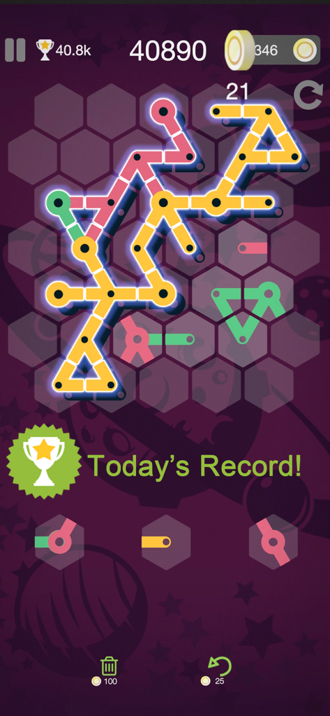 Metro Puzzle  - 1010 hexa - Jugabilidad de Metro Puzzle mostrando una cuadrícula hexagonal con líneas de metro de colores y una notificación de logro de récord sobre un fondo morado oscuro.