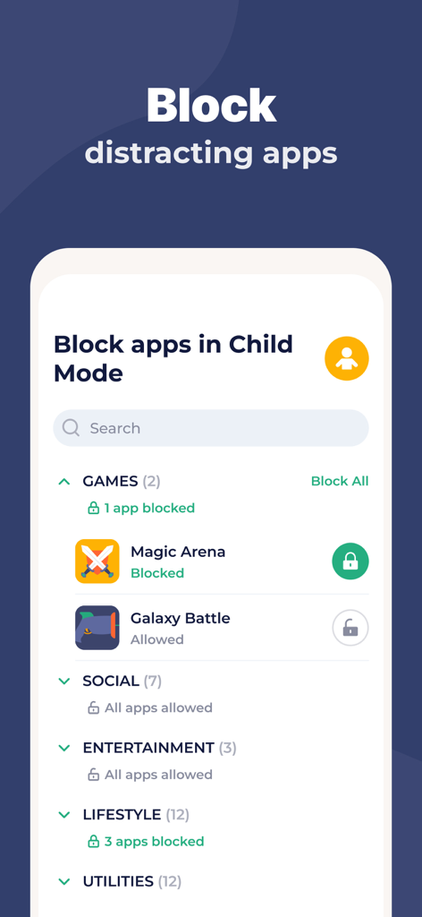 Parental Control App - Kidslox - Kidsloxアプリのインターフェースに、子供モードで気を散らすモバイルアプリをブロックする方法が表示されています。