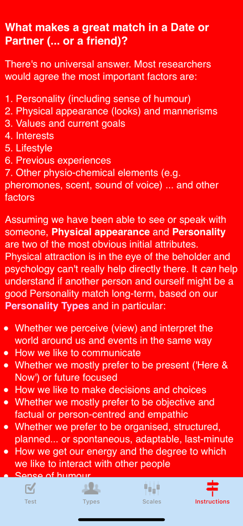 Date Mate Dating app instructions screen explaining the factors for a great match based on personality types