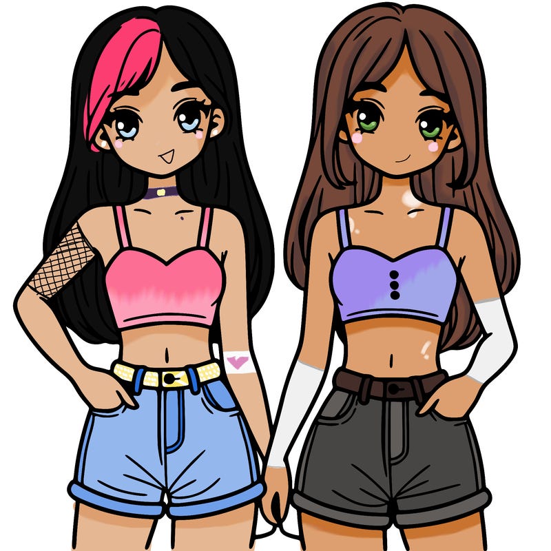 two sisters with crop tops and jean shorts and straight hair