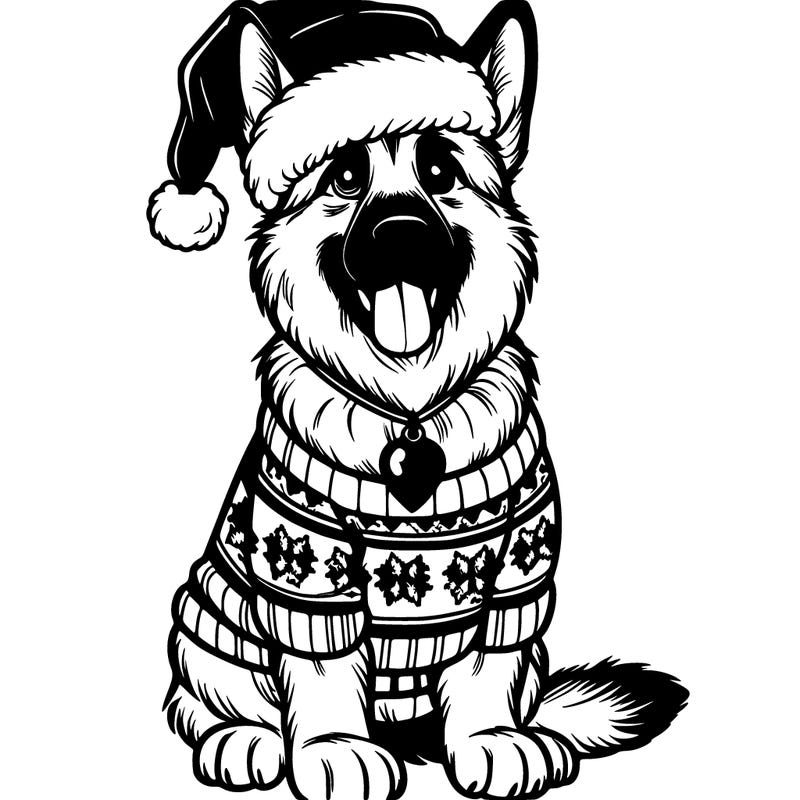 german shepherd wearing a santa hat and wearing a xmas sweater