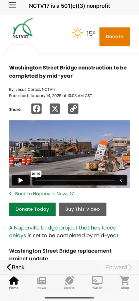 NCTV17 - Article d'actualité locale sur l'application NCTV17 concernant les travaux de construction du pont de Washington Street à Naperville.