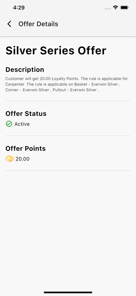 EVERWIN LOYALTY - Mobile app screen showing details for the Silver Series Offer including loyalty points and active status.