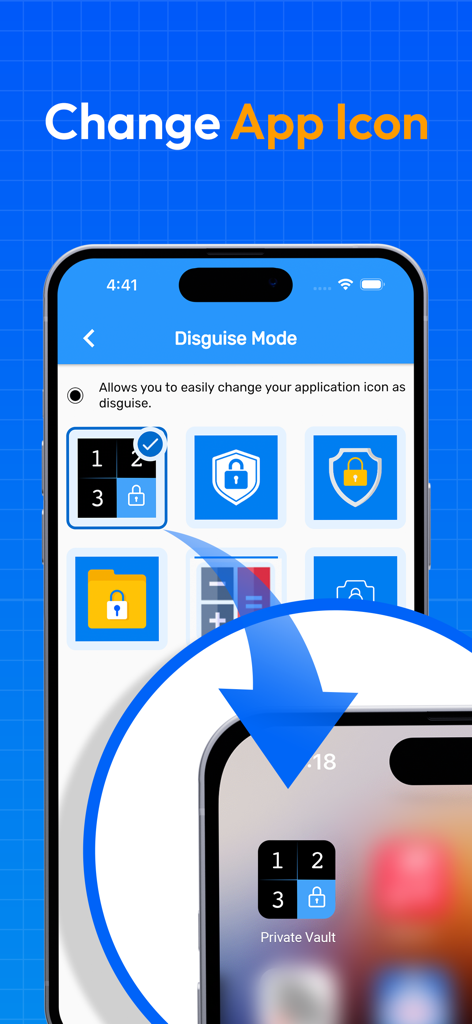 Calculator Lock - Secure Vault - 계산기 잠금 앱의 위장 모드에 대한 다양한 앱 아이콘을 보여주는 인터페이스