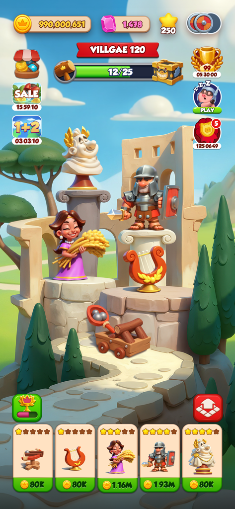 Roman themed village building screen in Coin Master Board Adventure showing character upgrades and currency