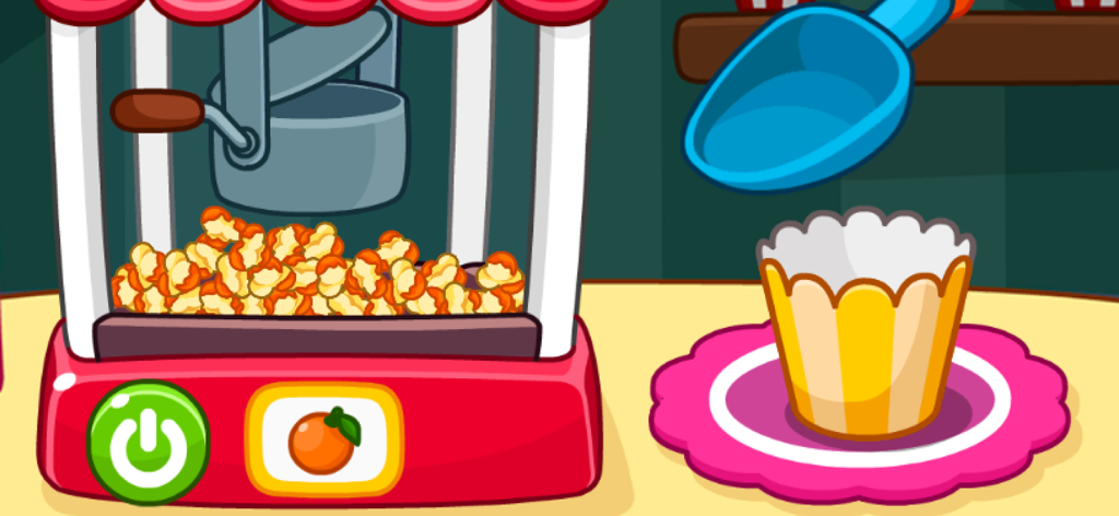 Una macchina per popcorn a cartoni animati con un mestolo blu e una tazza di carta a strisce nell'app Yovo Adventures Park