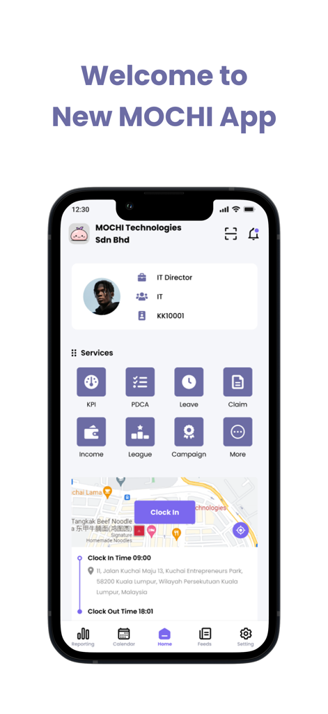 MOCHI Business - The home screen of the MOCHI Business app showing service icons and an employee clock in map